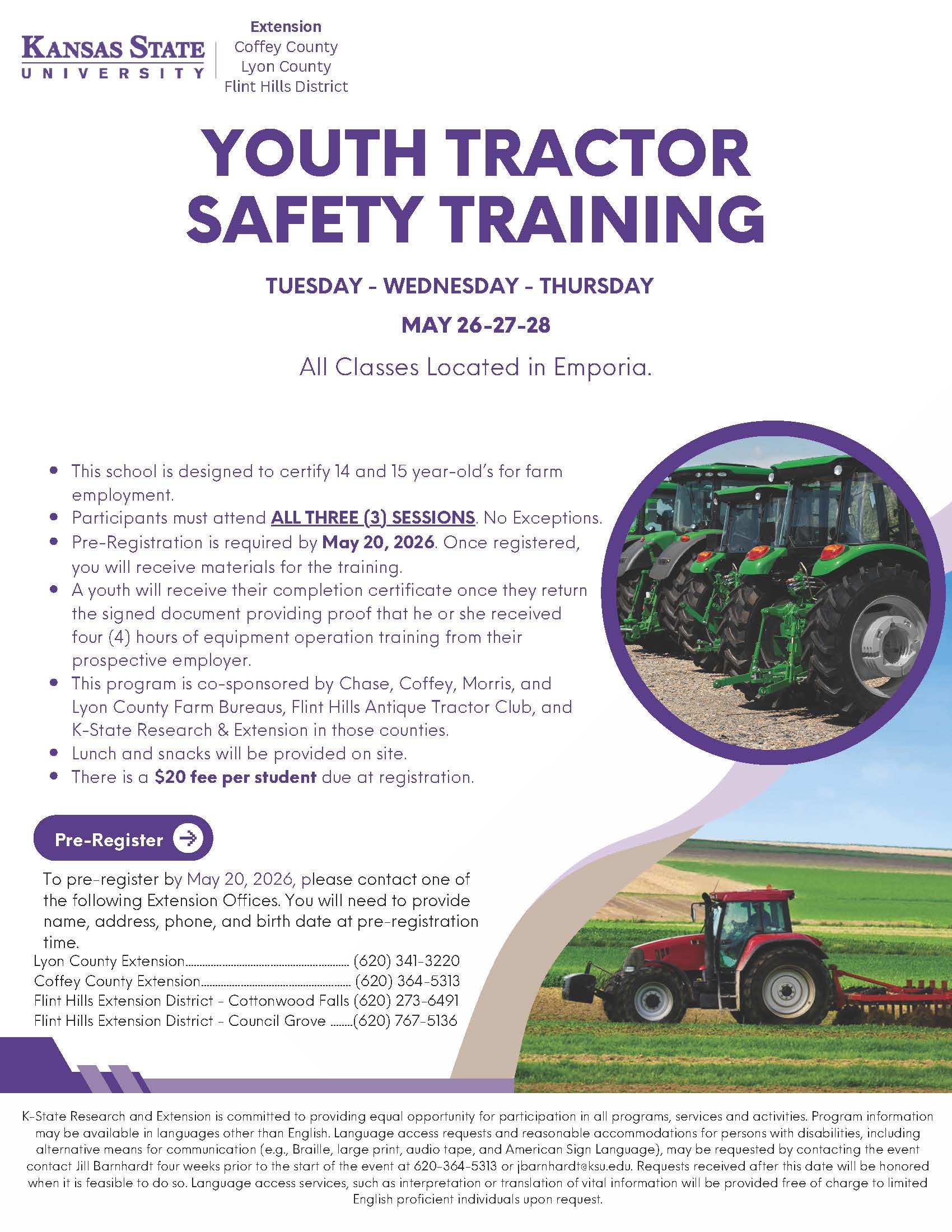 Information about tractor safety school that links to a pdf file with the same information.